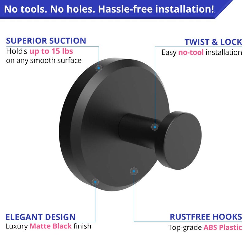 HOME SO Suction Cup Hooks for Shower, Bathroom, Kitchen, Glass Door, Mirror, Tile - Loofah, Towel, Coat, Bath Robe Hook Holder for Hanging up to 15 lbs - Waterproof & Rustproof, Matte Black (4-Pack) - Image 5